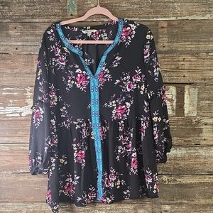 The Pioneer Woman Black Floral Blouse with Blue Accents, Size XXL